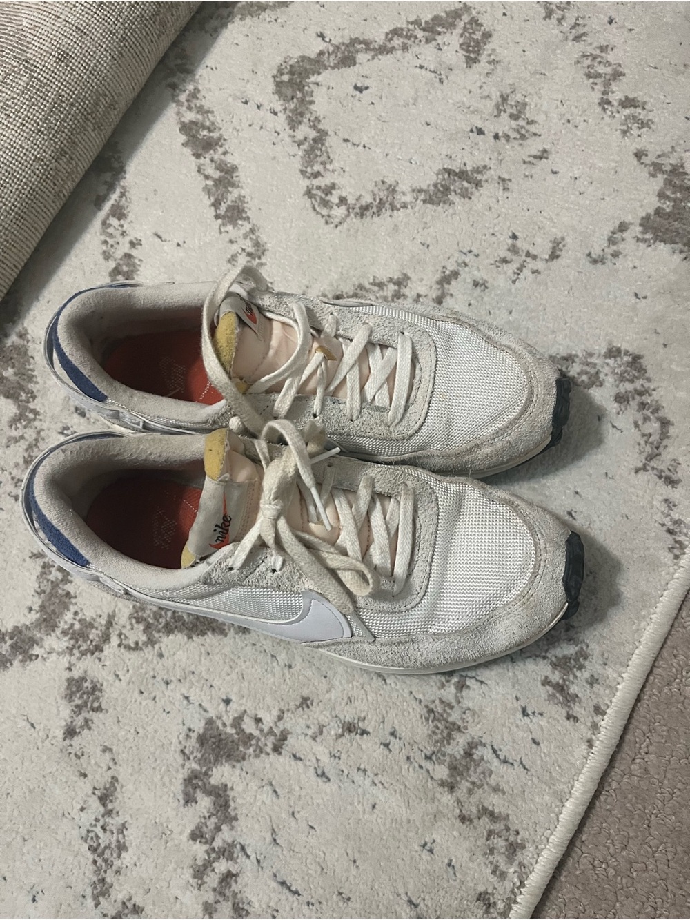 Nike White Mesh & Suede Sneakers with Blue Heel and Yellow Tongue Accents